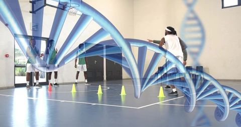 Coach guiding basketball players through cone drill with dna double helix overlay