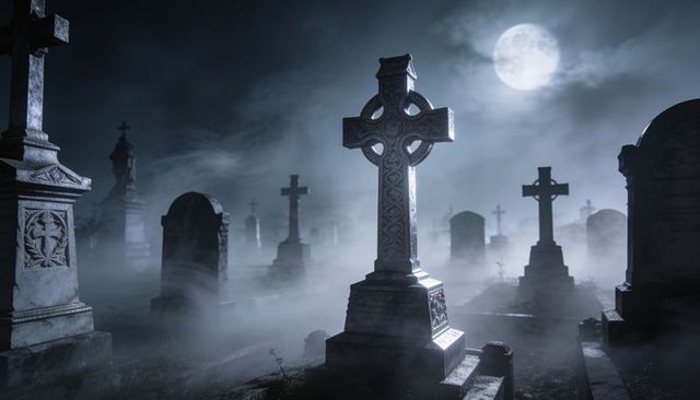 Moonlit celtic cross casting long shadow in foggy graveyard at night, haunting mist weathered stone
