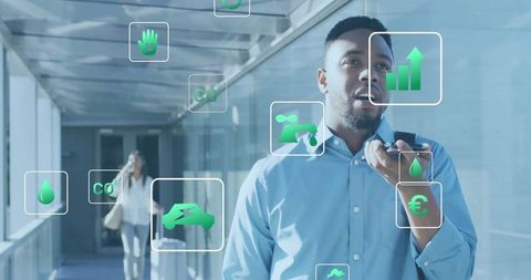 Executive speaking into smartphone using AR overlays for sustainability, energy and finance