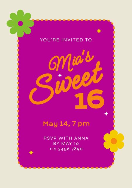 Bright and playful Sweet 16 invitation. Purple background with vibrant yellow and green floral accents. Details include date, time, and RSVP contact. Ideal for teen birthday parties, customizable for dates and event specifics.