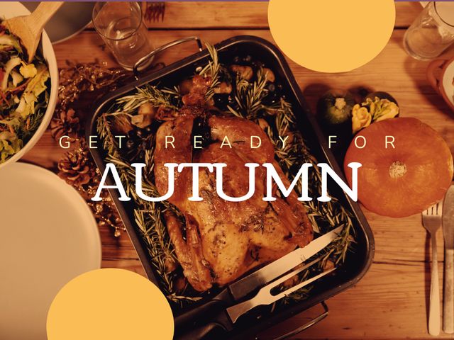 This image showcases a mouth-watering roasted turkey on a dinner table, adorned with seasonal garnishes such as rosemary. The layout suggests a festive holiday atmosphere, perfect for Thanksgiving or any autumn gathering. Ideal for blog posts about holiday recipes, social media content celebrating Thanksgiving, or invitations for festive family dinners.