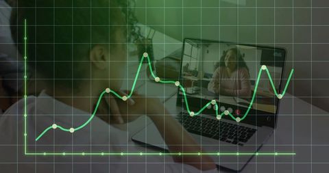 Woman conducting video call with growth chart overlay