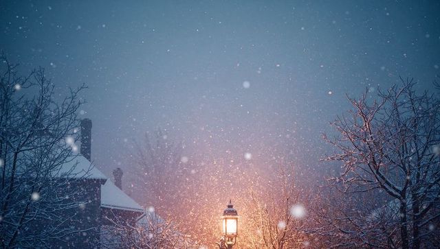 Ornate street lamp casting warm amber glow through snowy dusk