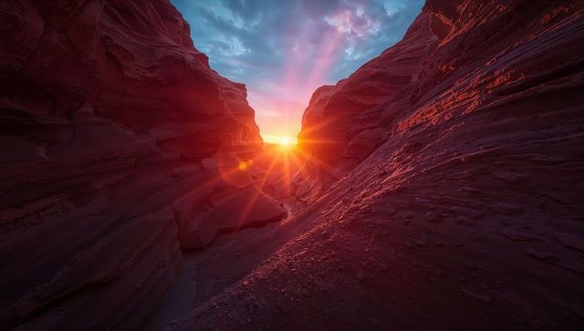 Vibrant sunburst in red sandstone slot canyon
