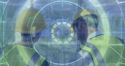 Futuristic AR Interface with Construction Workers Analyzing Blueprints