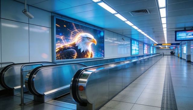 Stainless travelator guiding commuters through modern transit corridor with luminous eagle mural