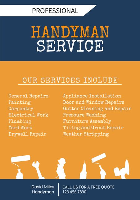Flyer promoting a professional handyman service offering various maintenance and repair tasks including painting, carpentry, electrical work, plumbing, and more. Includes contact details for easy reach. Ideal for small business advertising, flyer campaigns, service introductions, and client outreach. Easily adaptable for any handyman or general maintenance service.