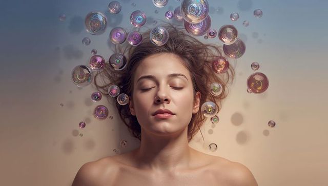 Resting woman surrounded by floating iridescent bubbles dreamy surreal portrait