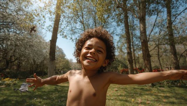 Sunlit Joy: Shirtless Boy Reaching Out to Birds in Forest Park Embracing Freedom