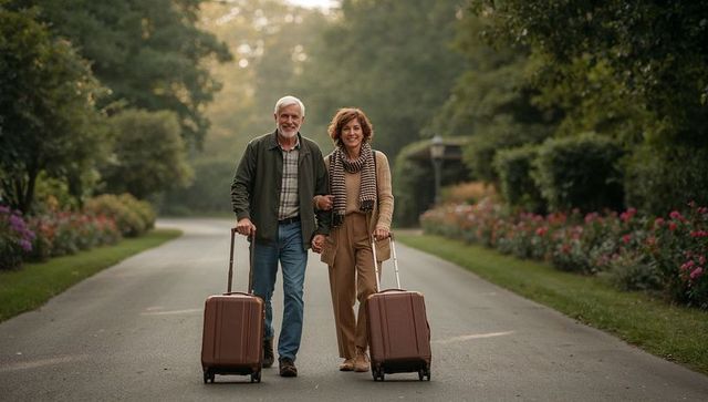 Senior couple walking hand-in-hand pulling rolling suitcases down tree-lined autumn lane