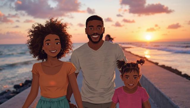 AI Family Enjoys Ocean Sunset Holding Hands on Scenic Jetty