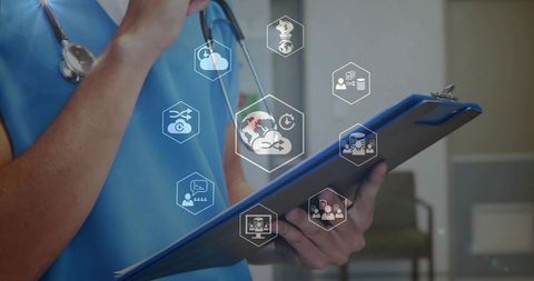 Medical professional holding clipboard viewing cloud healthcare data analytics dashboard