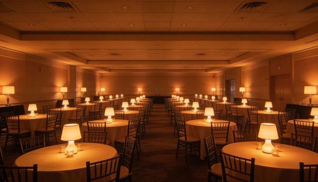Warm-lit banquet hall showcasing round tables, lamps and chiavari chairs for reception