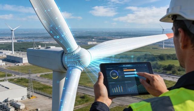 Engineer monitoring wind turbine performance with tablet displaying predictive dashboard