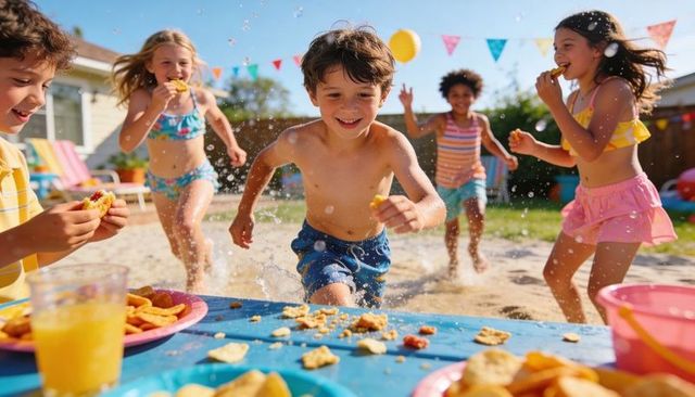 Kids enjoying backyard summer party splashing through sprinkler and grabbing snacks