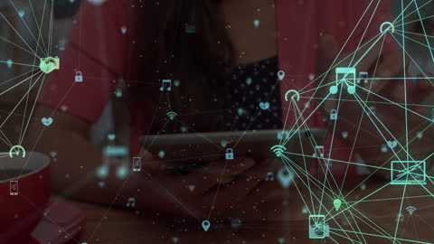 Digital Network Connection Overlay on Businesswoman Using Tablet