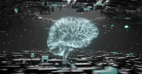 Glowing digital brain with neon connections presents futuristic concept of ai and data processing, suitable for illustrating topics on artificial intelligence, neural networks, and advanced technology solutions. Great for use in presentations or multimedia focused on innovation, digital transformation, and technological advancements.