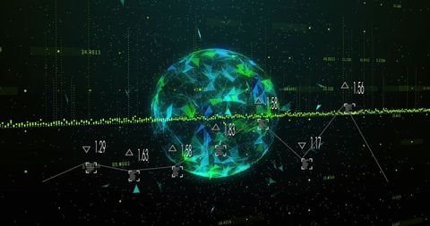 Glowing Polygonal Orb Pulsing in Digital Data Network with Neon Waveform and Metrics