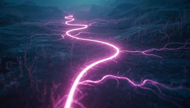 Neon Pathway Under Misty Night Sky