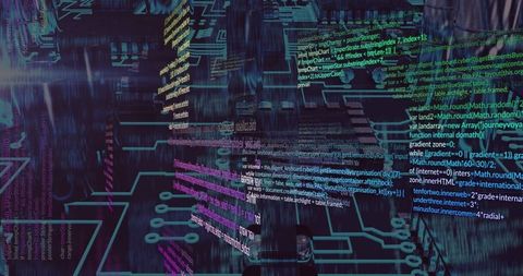 3d code blocks with neon circuit traces in digital cyberspace
