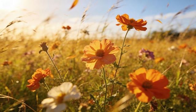 Backlit orange wildflower in golden hour meadow, warm lens flare, close-up blooming