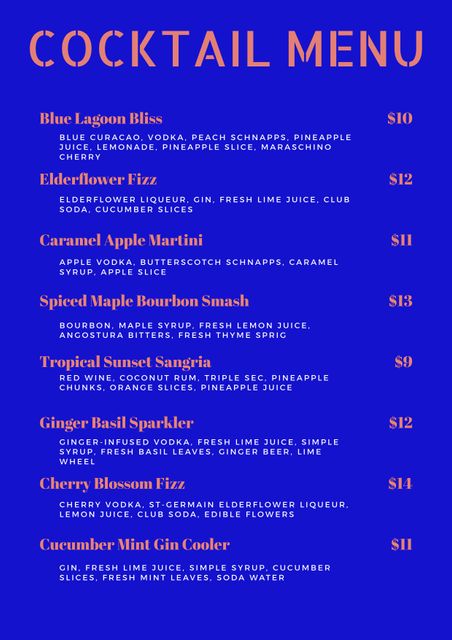 This vibrant cocktail menu with text on a blue background is ideal for bars and restaurants. It can be used for promotional materials, social media posts, website banners, and marketing flyers to showcase a diverse selection of stylish beverages.