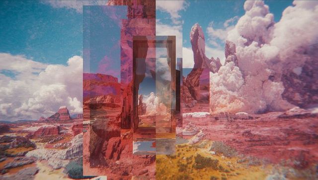 Digital art: fragmented canyon landscape with surreal glitch effects