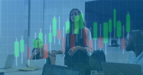 Businesswoman Presenting Financial Insights with Candlestick Chart