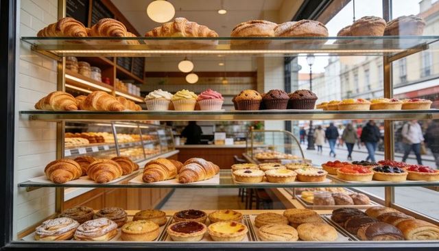 Artisan bakery window display featuring fresh croissants, tarts, cupcakes and muffins