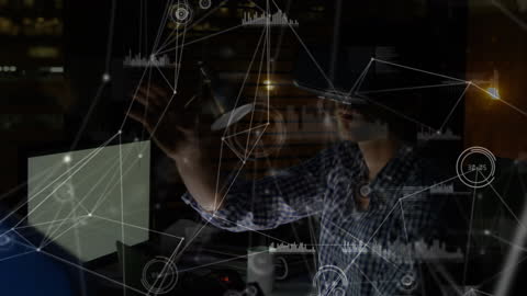 Businessman Analyzing Virtual Data in Dark Office Setting