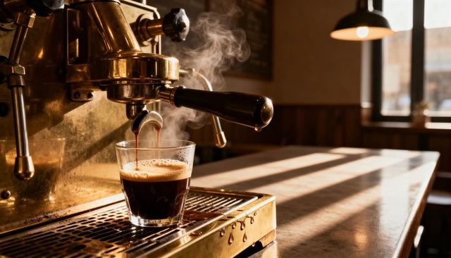 Brass espresso machine pouring crema espresso into glass on sunlit rustic counter
