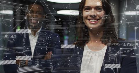 Smiling business leader with holographic data overlay visualizing ai analytics and teamwork