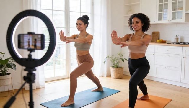 Filming home fitness session two women performing standing lunges on yoga mats using ring light