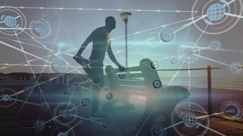 African American Man Stretching with Digital Network Overlay