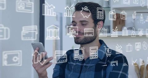 Man checking mobile banking app with floating finance icons in modern minimalist kitchen