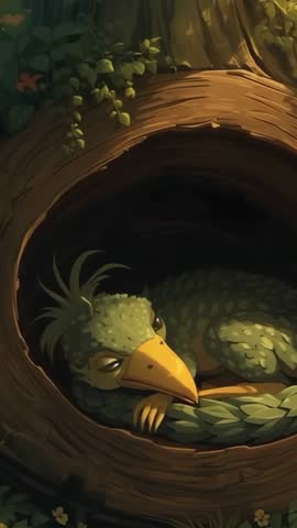 Vertical video: sleeping green bird nesting in hollow, glowing sunlight, breathing slowly