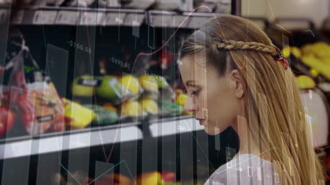 Woman Shopping with Financial Data Overlay at Grocery Market