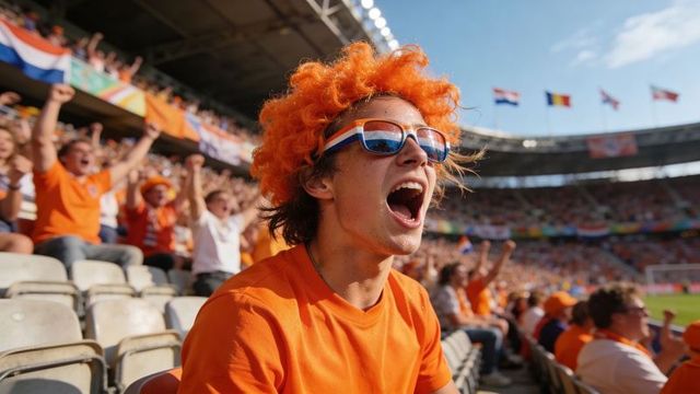 Netherlands football fan cheering passionately wearing orange wig and flag sunglasses