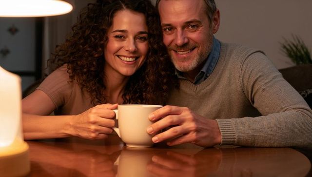 Couple sharing warm drink, smiling and holding large mug at cozy lamp-lit evening