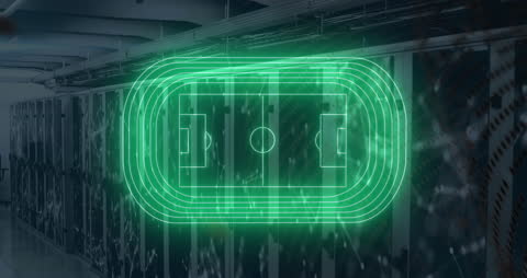 Digital Basketball Court Hologram Over Server Racks