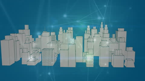Futuristic Cityscape with Digital Network Connections Overlay