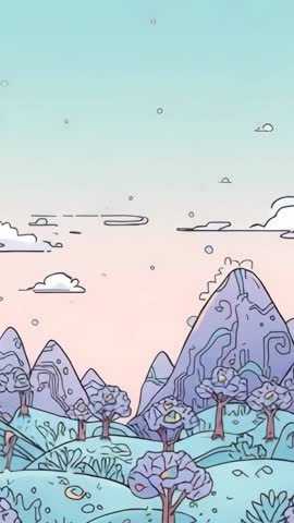 Gliding vertical pastel fantasy landscape over purple hills and dreamy mountains with particles