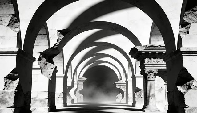 Receding vaulted arcade creating dramatic monochrome symmetry and misty vanishing point
