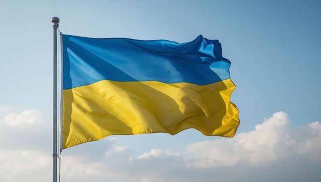 Ukrainian National Flag Waving Against Clear Blue Sky
