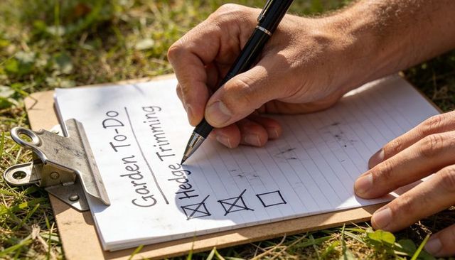 Male hands checking garden to-do checklist on clipboard in sunny backyard closeup