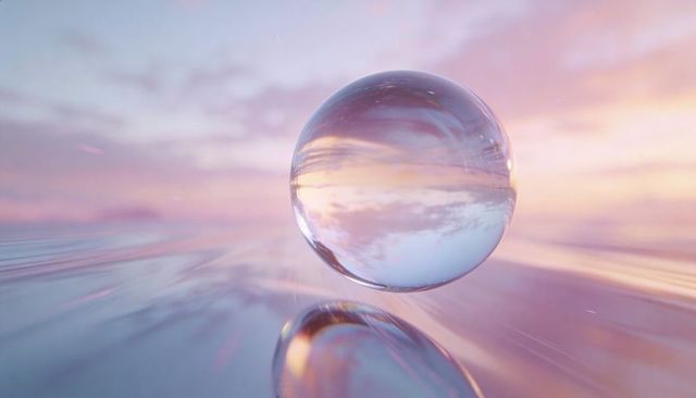Glass orb hovering over glossy plane refracting pastel sunset sky and soft reflections