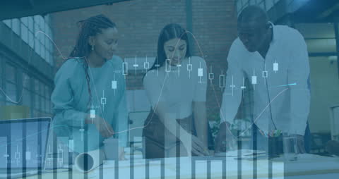 Diverse Team Analyzing Financial Data with Charts Overlay
