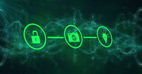 Holographic green hud linking padlock camera and lightbulb representing secure connectivity