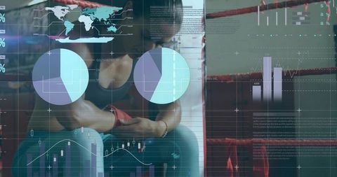 Boxer wrapping red hand wraps in ring corner with training data hud overlay, focused