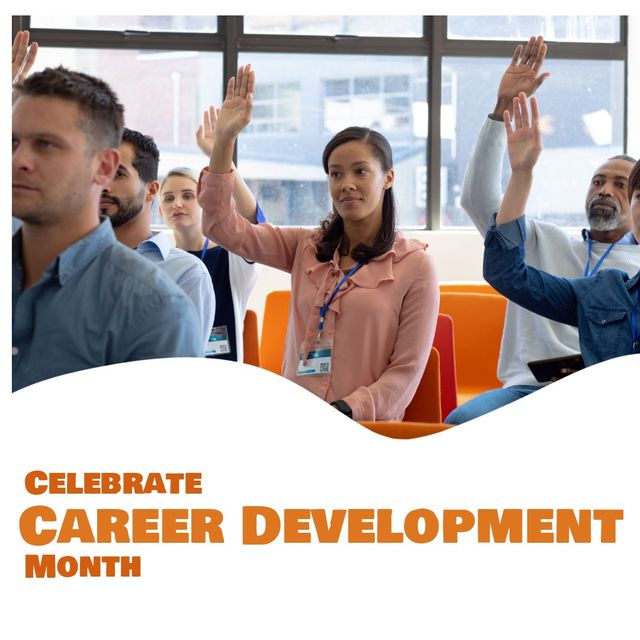 Square image of copd national career development month text with diverse group of people. National career development month campaign.